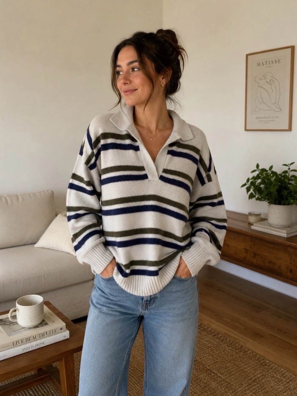 Aerie knit Polo sweater V neck collared  super soft striped